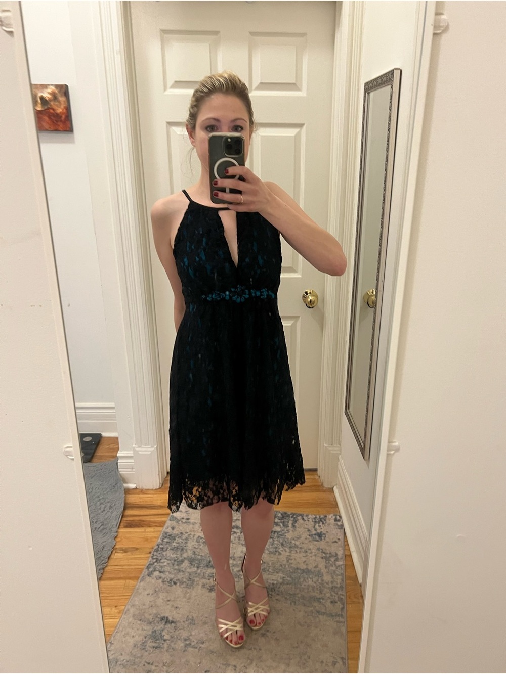 Black Lace Midi Dress with Teal Accents - Eunishop